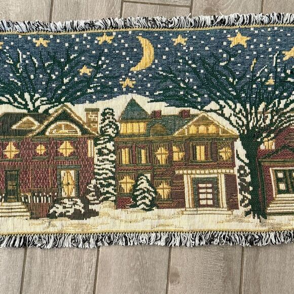 VTG Tapestry Christmas Village Rug Table Runner 36x18 - Picture 3 of 7
